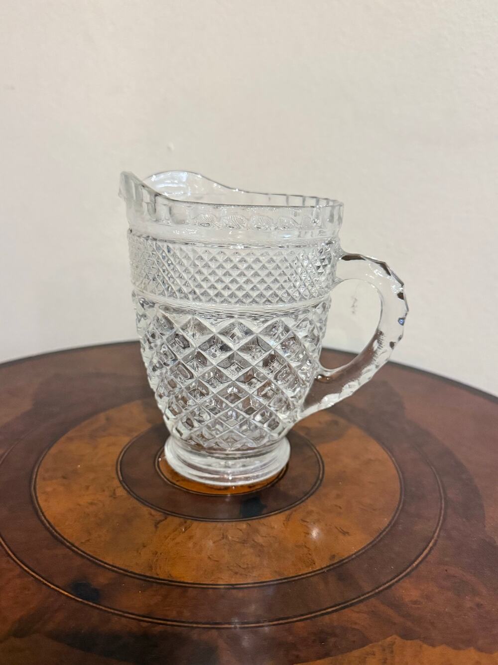 Vintage Clear Pressed Glass Creamer Pitcher Diamond Point Starburst Milk Pitcher